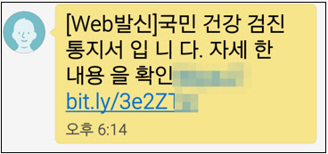'국민 건강 검진 통지' 사칭 스미싱 문자 메시지 화면. 이스트시큐리티 제공